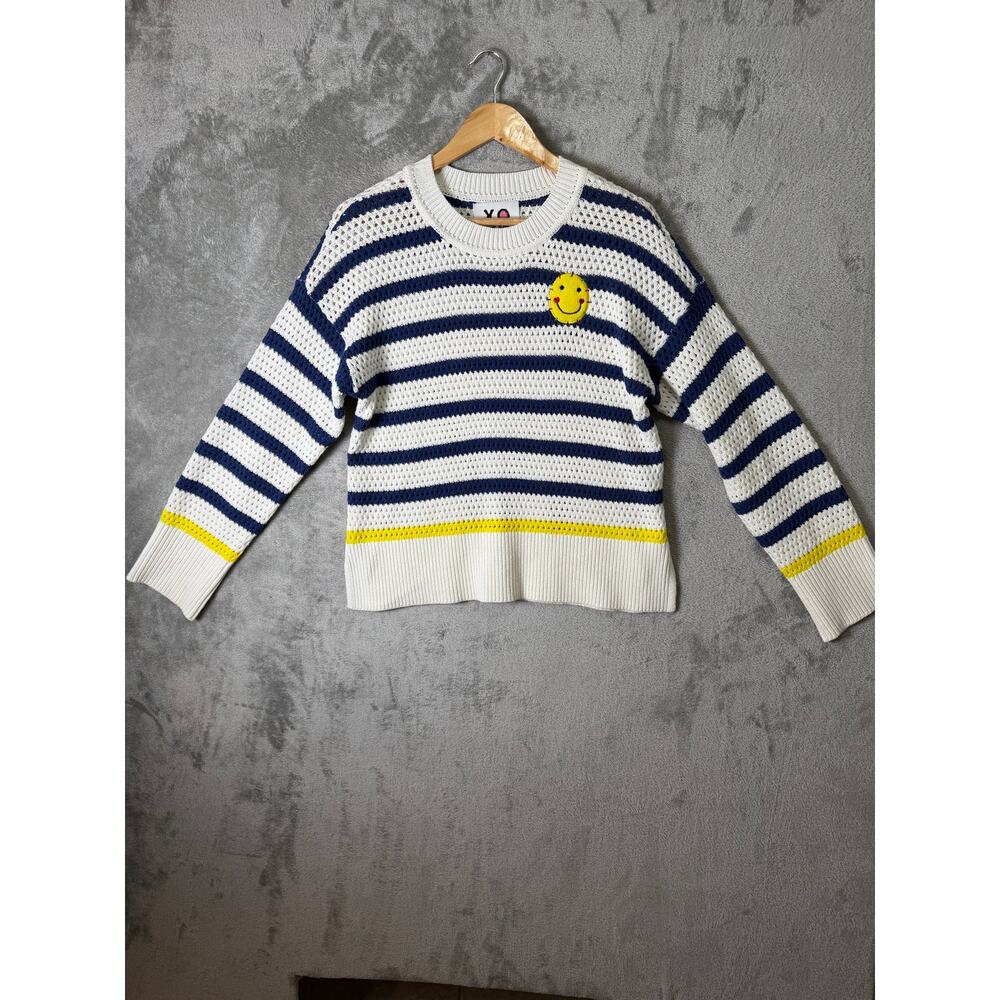 Kerri Rosenthal Smiley Face Striped Knit Sweater Navy White Cozy Chic Medium